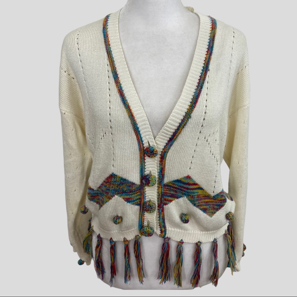 Vintage 70s Leslie Long Cream Cropped Sweater Multicolor Tassels and Baubles